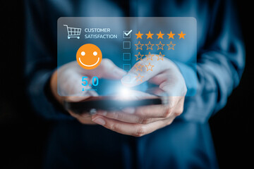 Woman customer reviews a five-star rating on a smartphone. service rating shopping online, satisfaction, feedback positive rating, customer service experience, testimonial, and satisfaction survey.