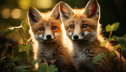 Cute red fox puppy playing in autumn forest, looking at camera generated by AI