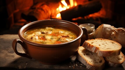A bowl of steaming hot soup served with crusty bread on the side - obrazy, fototapety, plakaty
