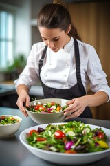 a young female chef prepares a healthy salad made with fresh ingredients. generative AI