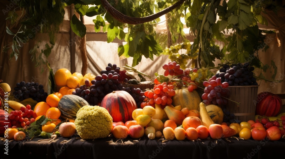 Poster a colorful array of fruits and vegetables displayed on a table inside a sukkah, symbolizing abundanc