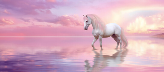 Obraz na płótnie Canvas A lone horse beside a mirror-like lake, enveloped in a peaceful twilight.