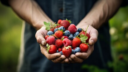 A farmer's hand holding a handful of freshly picked berries - Powered by Adobe