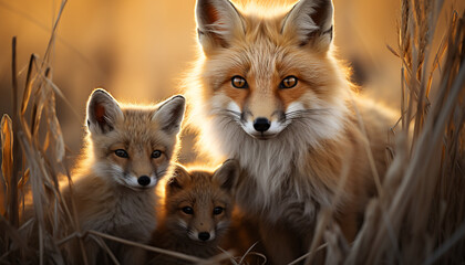 Obraz premium Cute red fox puppy sitting in grass, looking alert generated by AI