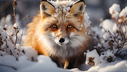 Cute red fox in winter forest, looking at camera generated by AI