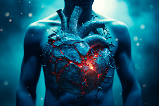 A man has a broken heart. A fantastic image of a broken heart in a man's chest. A man's broken heart. Broken heart icon in human chest. Concept of unfortunate life situations causing toxic love