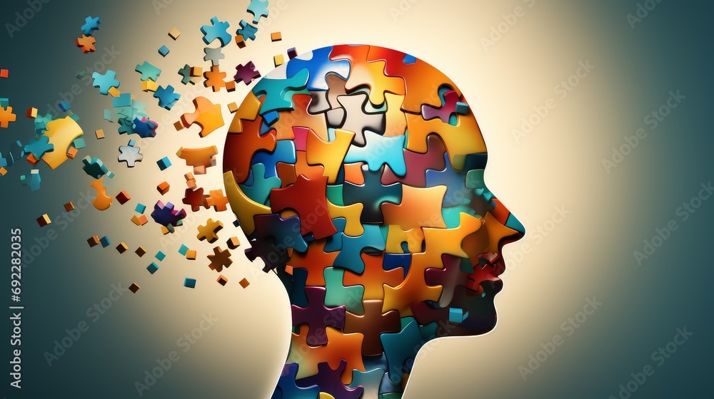 Poster abstract image of a brain made of puzzle pieces, depicting mental agility and problem-solving