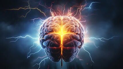 Abstract illustration of a brain surrounded by lightning bolts, representing mental electricity - obrazy, fototapety, plakaty