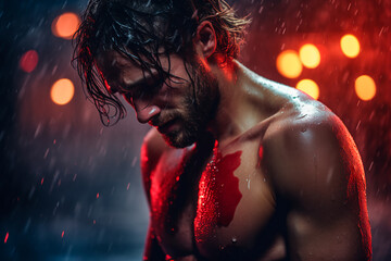 A man has a broken heart. A fantastic image of a broken heart in a man's chest. A man's broken heart. Broken heart icon in human chest. Concept of unfortunate life situations causing toxic love