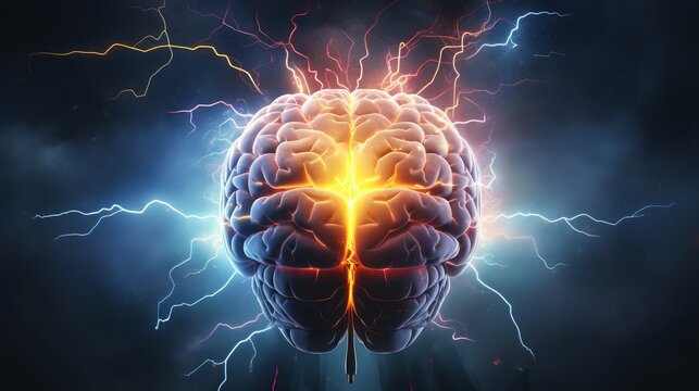 Abstract illustration of a brain surrounded by lightning bolts, representing mental electricity