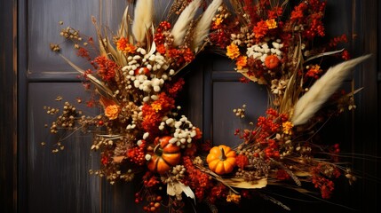 Autumn wreath made of dried flowers, berries, and miniature pumpkins, adding a touch of seasonal charm to any design