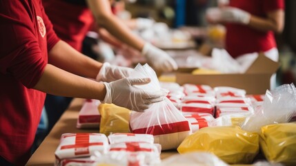 Close-up of hands assembling care packages for survivors of natural disasters, highlighting the...