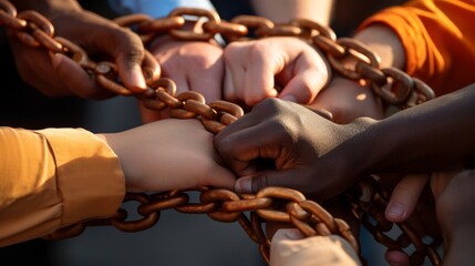 Close-up of hands joining together to form a chain, representing solidarity and collaboration in making a difference
