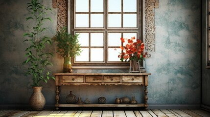 Vintage Interior with Floral Arrangement A vintage-style interior scene featuring a weathered wooden console table against a distressed blue wall, large window letting in natural light
