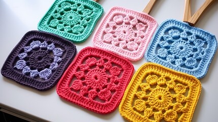 Crocheted dishcloths in various patterns, adding charm to the kitchen - obrazy, fototapety, plakaty