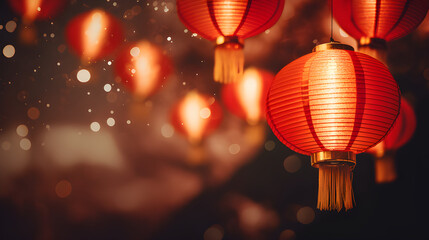 Fototapeta premium Chinese red lantern in the night of Chinese New Year of happiness, Generative AI illustration