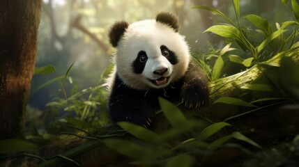 Panda bear perched atop a vibrant green forest
