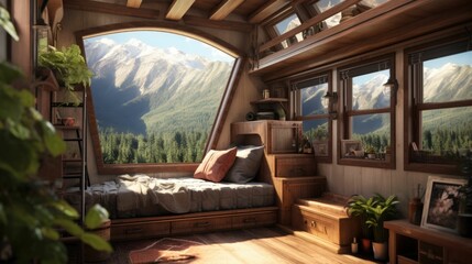 tiny house cozy camper interior, rustic caravan vacation, autumn mountain view, compact living space design cozy interior, wooden finish, mountain view, autumn foliage, warm lighting, small living