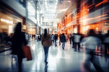 Abstract blurred photo of many people shopping inside department store or modern shopping mall, Urban lifestyle and black friday shopping concept. Generative AI - obrazy, fototapety, plakaty