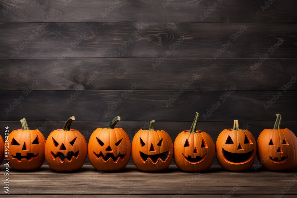Poster jack-o'-lanterns arranged in a row with space for your halloween messages