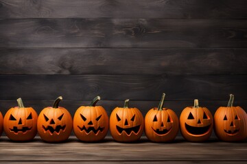 Jack-o'-lanterns arranged in a row with space for your Halloween messages