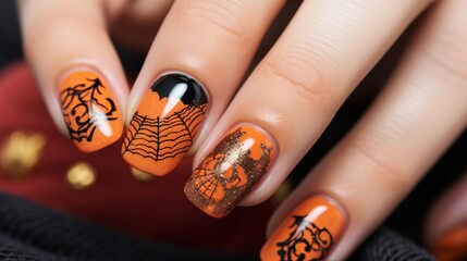 Pumpkin-inspired nail art with intricate designs and autumn colors, perfect for showcasing seasonal trends and creativity
