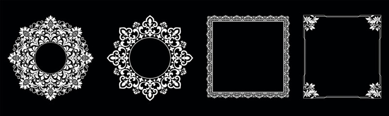 Set of decorative frames Elegant vector element for design in Eastern style, place for text. Floral black and white borders. Lace illustration for invitations and greeting cards.