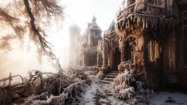 Abandoned castle ruins in snow storm, ghostly, horror, 4k ultra hd