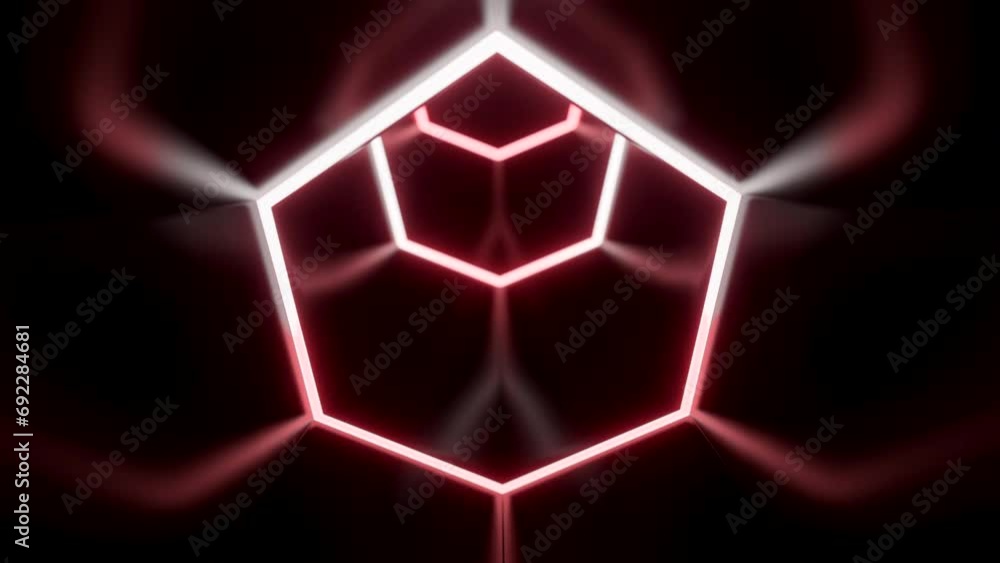 Poster Animation in moving tunnel with hexagonal glowing lines. Design. Movement in rotating cyber tunnel with neon lines. Dark cyber tunnel with hexagonal neon lines