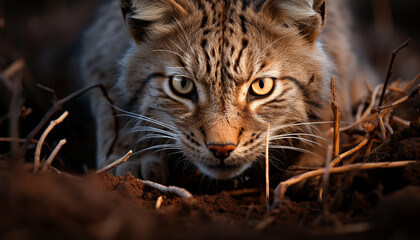 Fototapeta premium Cute bobcat hiding in grass, looking at camera generated by AI