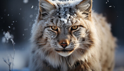 Snow leopard staring, wildcat looking, majestic feline generated by AI