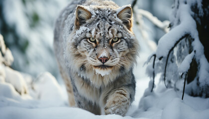 Obraz premium Majestic snow leopard stalking, danger in the wilderness generated by AI