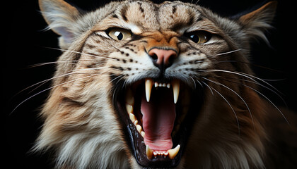 Obraz premium Furious feline snarling, staring with mouth open generated by AI