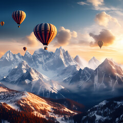 Hot air balloons rising against a backdrop of snowy mountains