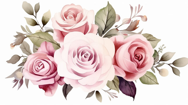 Watercolor flowers hand painting, floral vintage bouquets with pink and peach roses