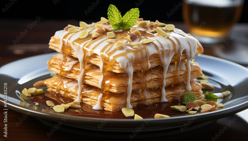 Poster Stack of gourmet pancakes with chocolate sauce and whipped cream generated by AI