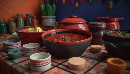 Fototapeta premium Multi colored earthenware bowl holds homemade soup on wooden table indoors generated by AI