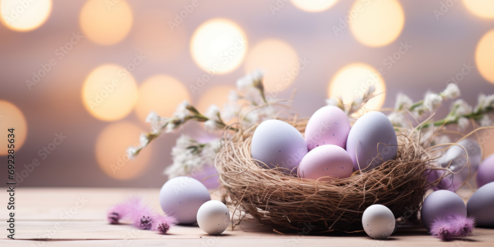 Poster easter eggs in a nest on a wooden table with bokeh background