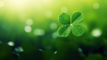 Green clover leaf with sunbeams and bokeh background. St.Patrick's Day