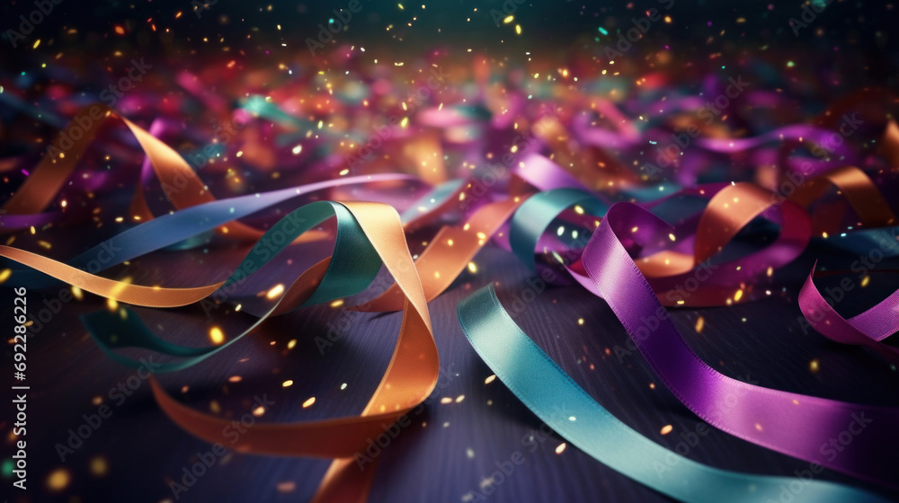 Poster abstract background with confetti on colorful ribbons on dark background