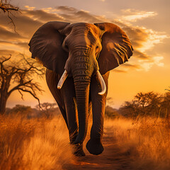 Majestic elephant in the savannah during the golden hour.