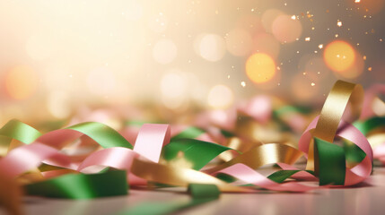 Abstract background with confetti on green, golden and pink ribbons on golden light backdrop
