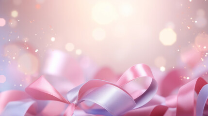 Confetti of violet, pastel pink ribbons on a golden bokeh background. Valentine's day backdrop