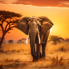 Fototapeta na wymiar Majestic elephant in the savannah during the golden hour.