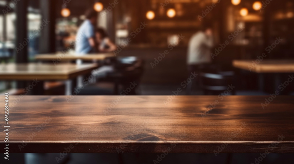 Poster empty wooden table and coffee shop blur background with bokeh image.