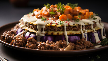 Fototapeta premium Homemade gourmet dessert, fresh fruit slice with chocolate generated by AI