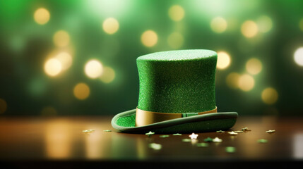 Green top hat and golden confetti on green bokeh background