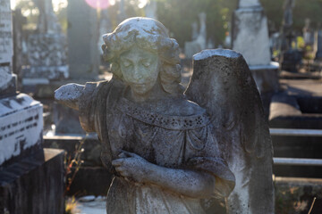 Angel headstone statues in the  Waikaraka Cemetery. Auckland, New Zealand