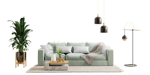 Green sofa and decor in living room on transparent background.3d rendering - obrazy, fototapety, plakaty