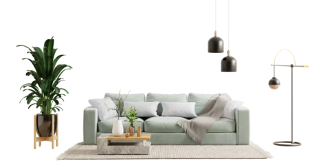 Fotobehang Per kamer Green sofa and decor in living room on transparent background.3d rendering  © Vanitjan